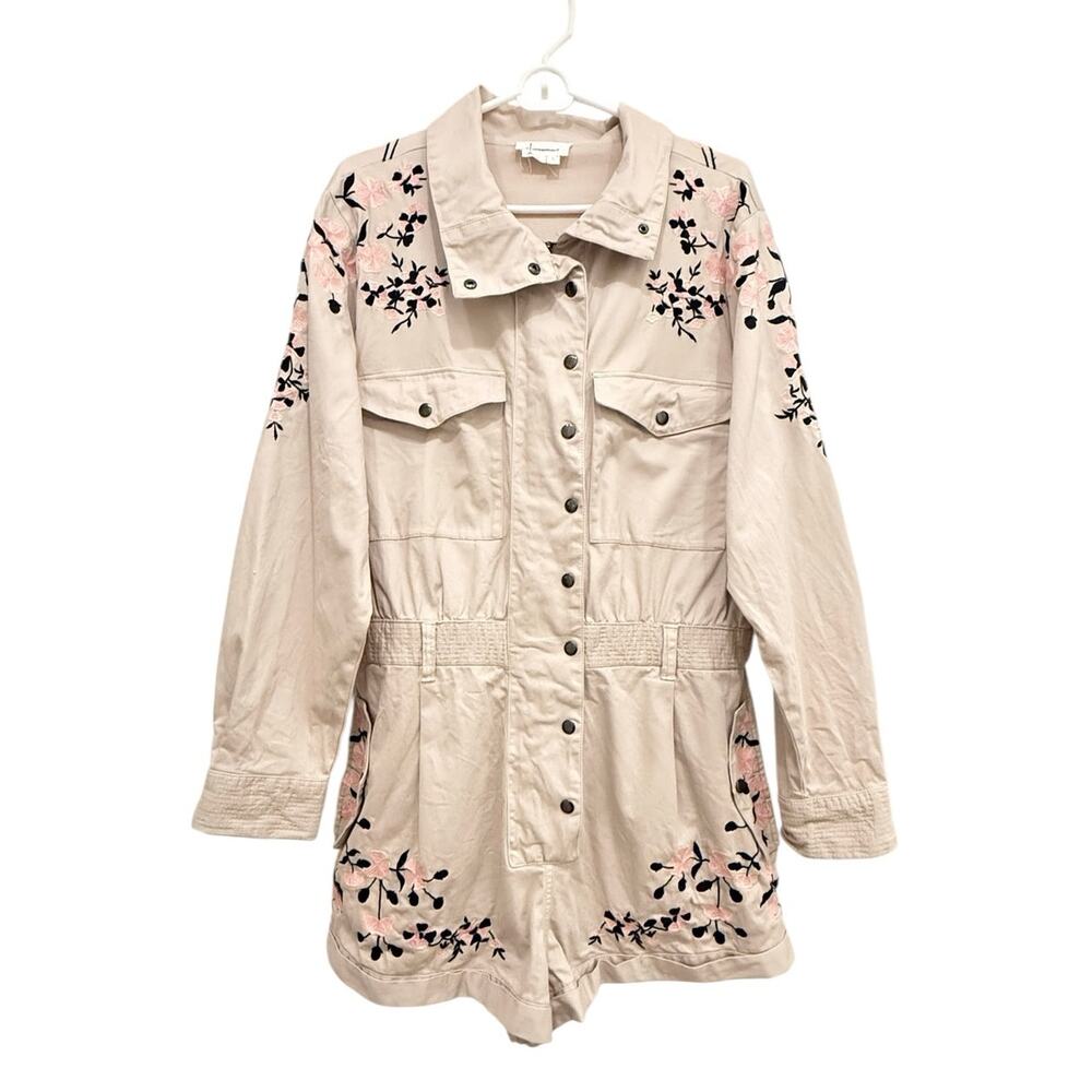 Anthropologie Embroidered Utility Romper Beige Long Sleeve Large - Picture 2 of 8